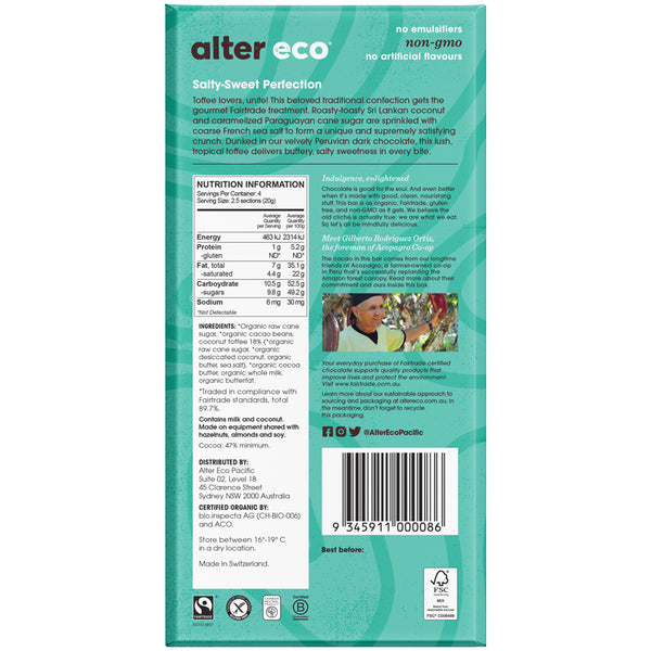 Alter Eco Organic 47% Dark Chocolate Salted Coconut Toffee | Harris Farm Online