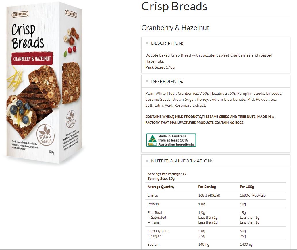 Crispbic Crisp Breads Cranberry and Hazelnut 150g