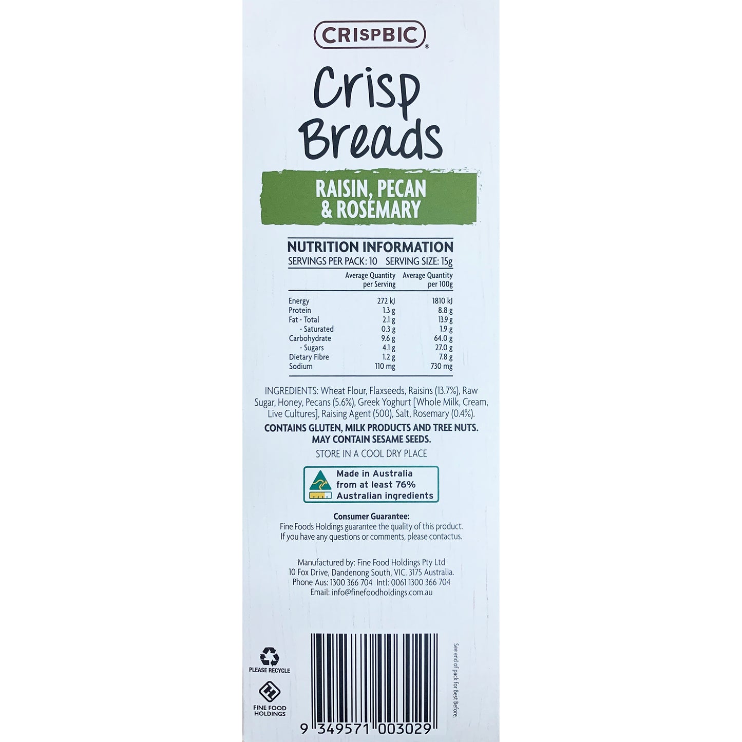 Crispbic Crisp Breads Raisin Pecan and Rosemary 150g