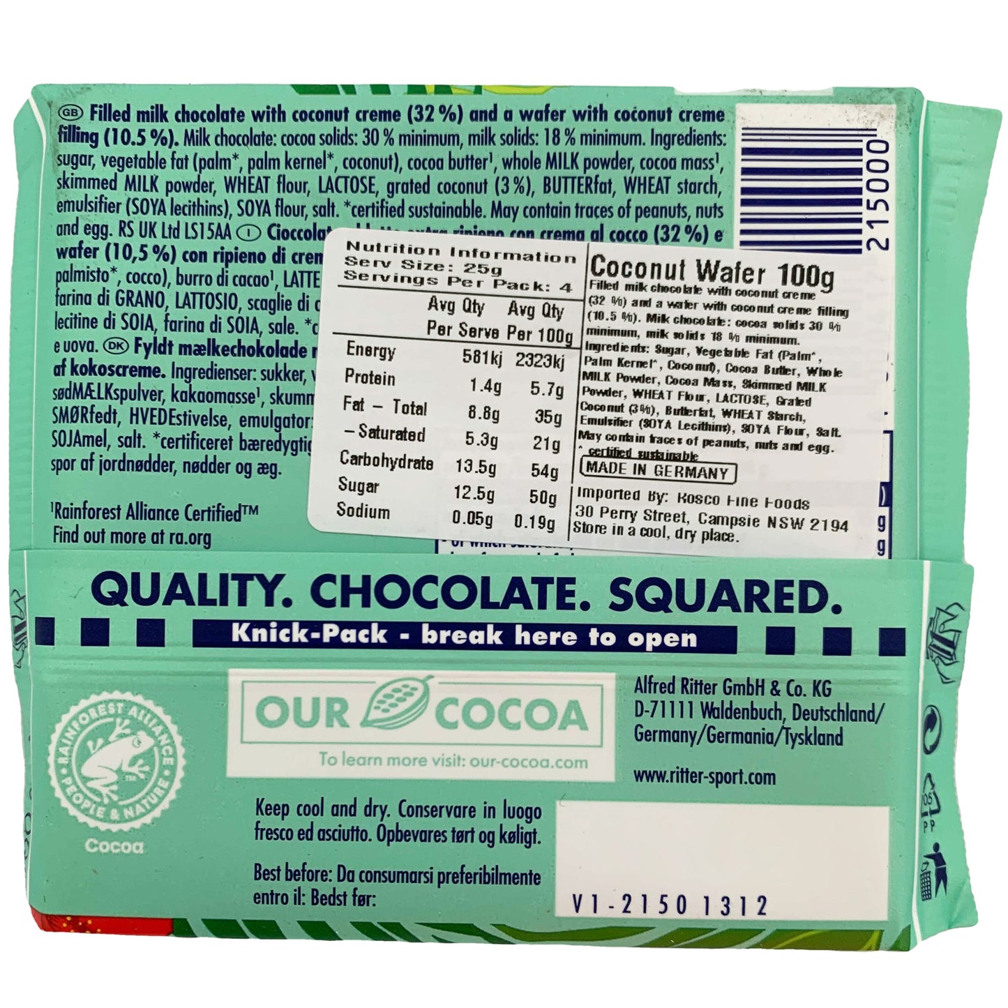 Ritter Sport Coconut Wafer Milk Chocolate | Harris Farm Online