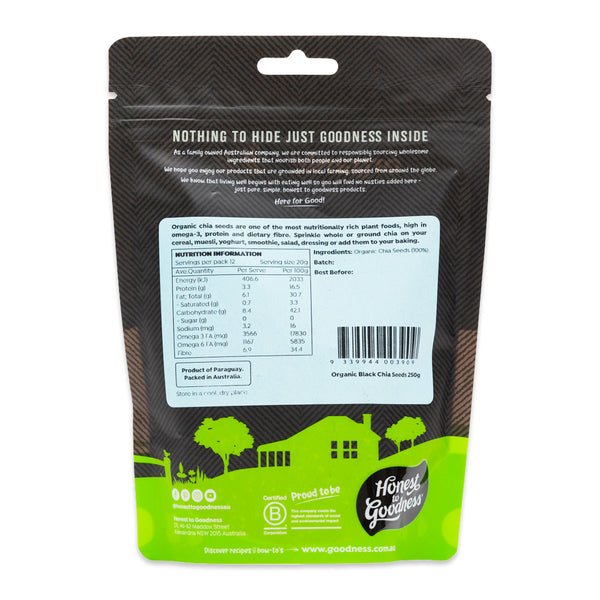 Honest to Goodness Organic Black Chia Seeds 250g | Harris Farm Online