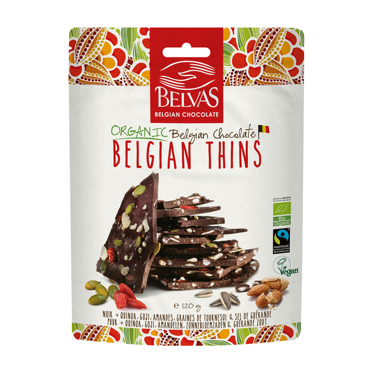 Belvas Belgian Thins Organic Dark Chocolate 60% Quinoa, Goji, Almonds and Sunflower | Harris Farm Online