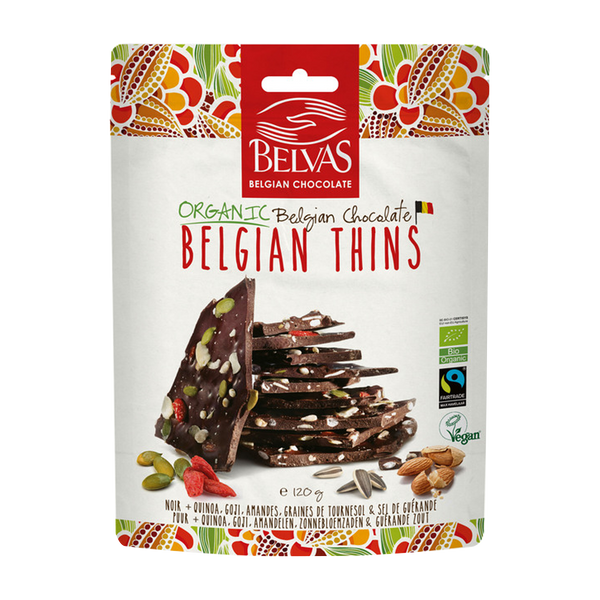 Belvas Belgian Thins Organic Dark Chocolate 60% Quinoa, Goji, Almonds and Sunflower | Harris Farm Online