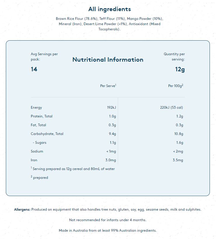Funch Australian wholegrain Baby Cereals Mango and Desert lime 6+ Months | Harris Farm Online