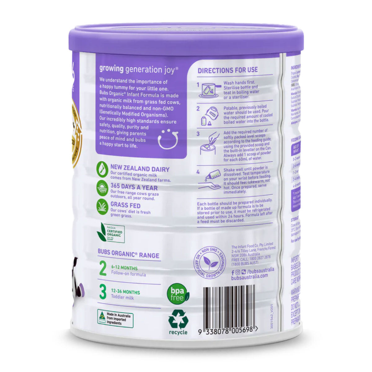 Bubs Organic Grass Fed Infant Formula Stage 1 800g | Harris Farm Online