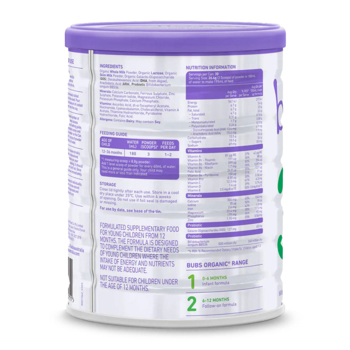 Bubs Organic Grass Fed Toddler Formula Stage 3 800g | Harris Farm Online