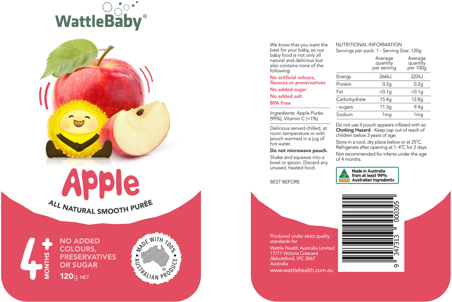 WattleBaby - Natural Baby Food - Apple (120g)