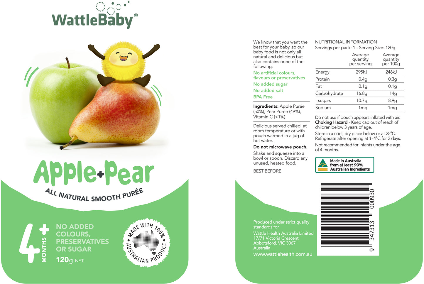 WattleBaby - Natural Baby Food - Apple and Pear (120g)