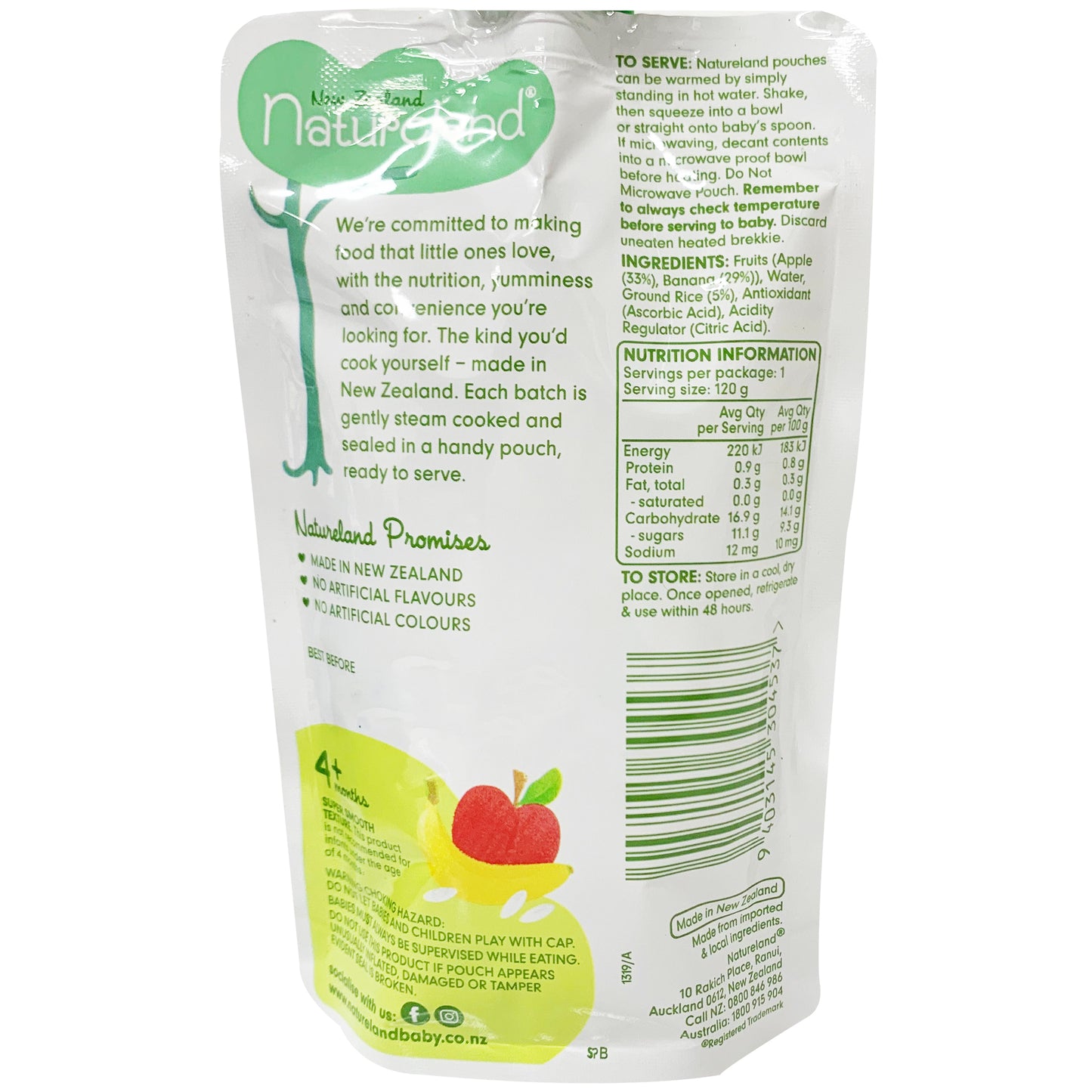 NZ Natureland Apple, Banana and Baby Rice 4+ Months 120g