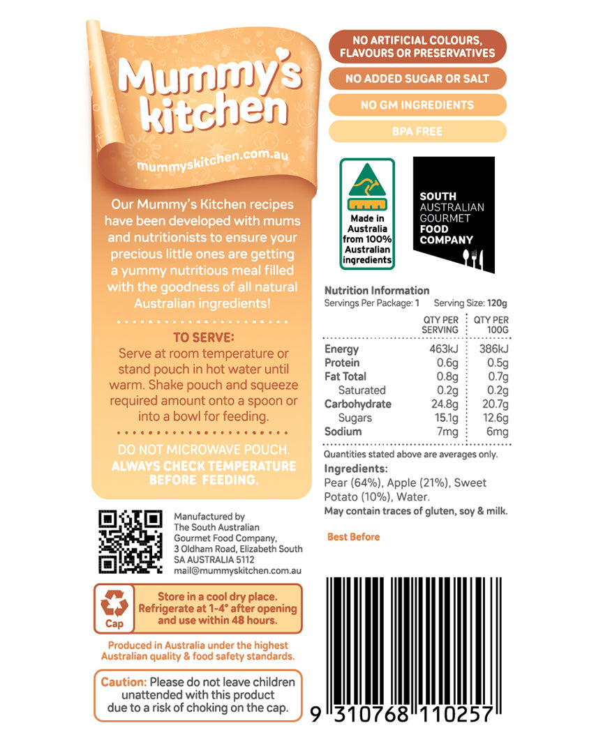 Mummy's Kitchen Pear, Apple and Sweet Potato 4+ Months Smooth 120g