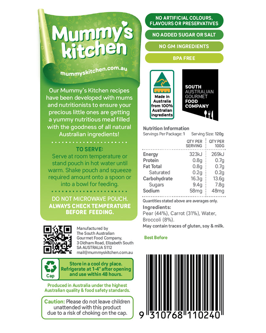 Mummy's Kitchen Carrot, Pear and Broccoli 4+ Months Smooth 120g