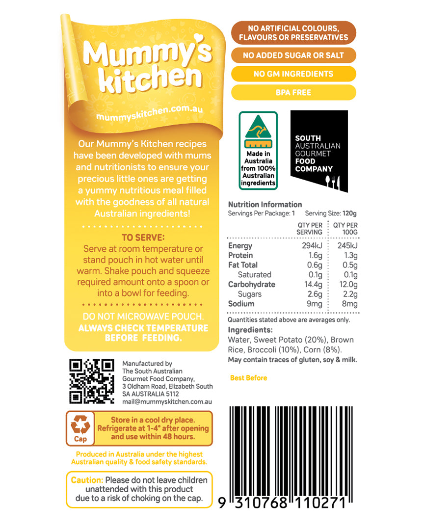 Mummy's Kitchen Sweet Potato, Broccoli and Corn 6+ Months Textured 120g
