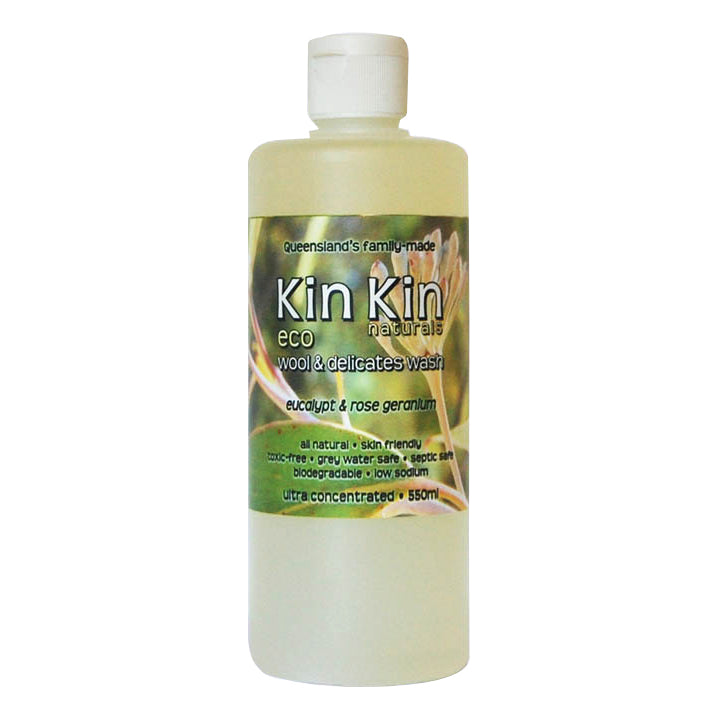 Kin Kin Naturals Wool and Delicates Wash with Eucalypt and Rose Geranium essential oils 550ml