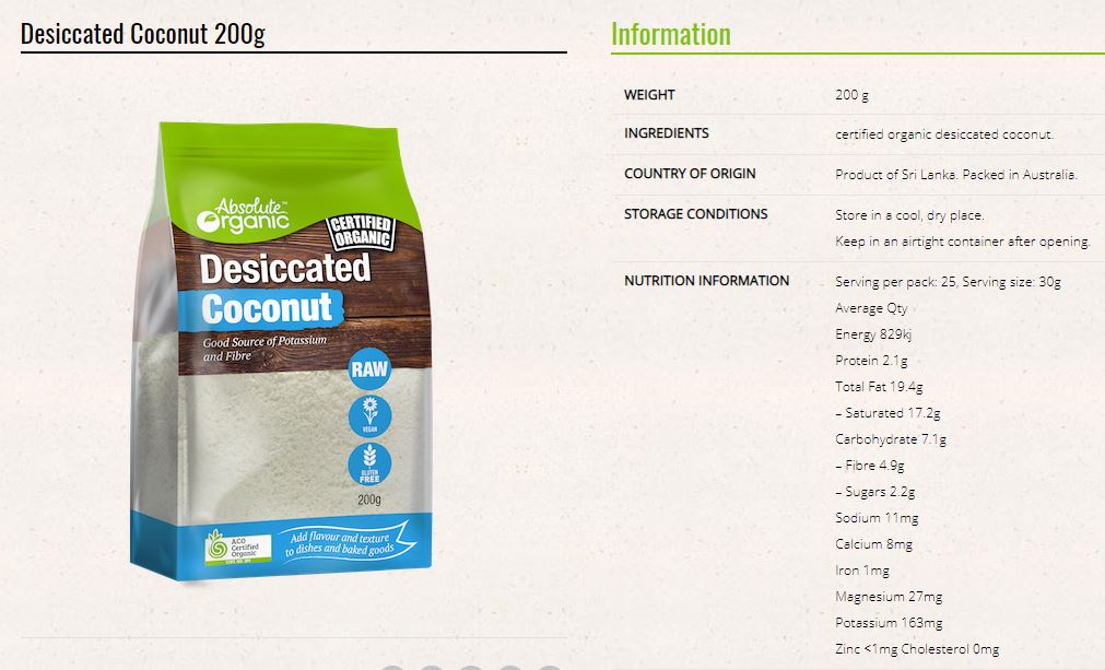 Absolute Organic - Desiccated Coconut (200g)