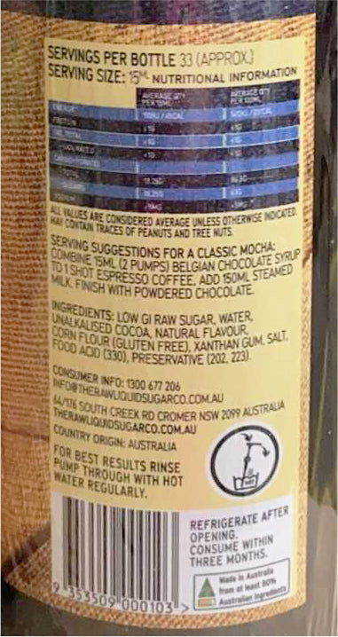 The Raw Liquid Sugar Co. Natural Raw Belgian Chocolate Syrup | Harris Farm Online