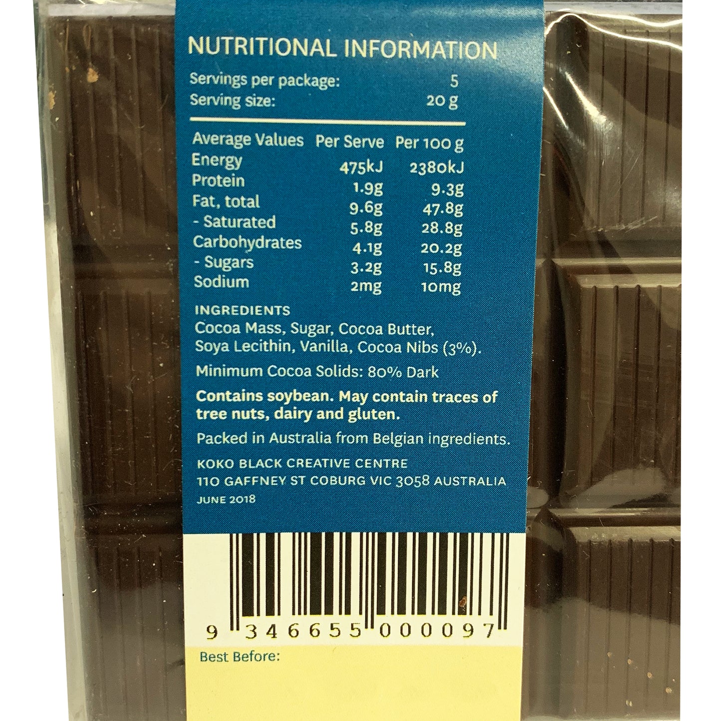 Koko Black - Dark Chocolate 80% - Cocoa Nibs (100g)
