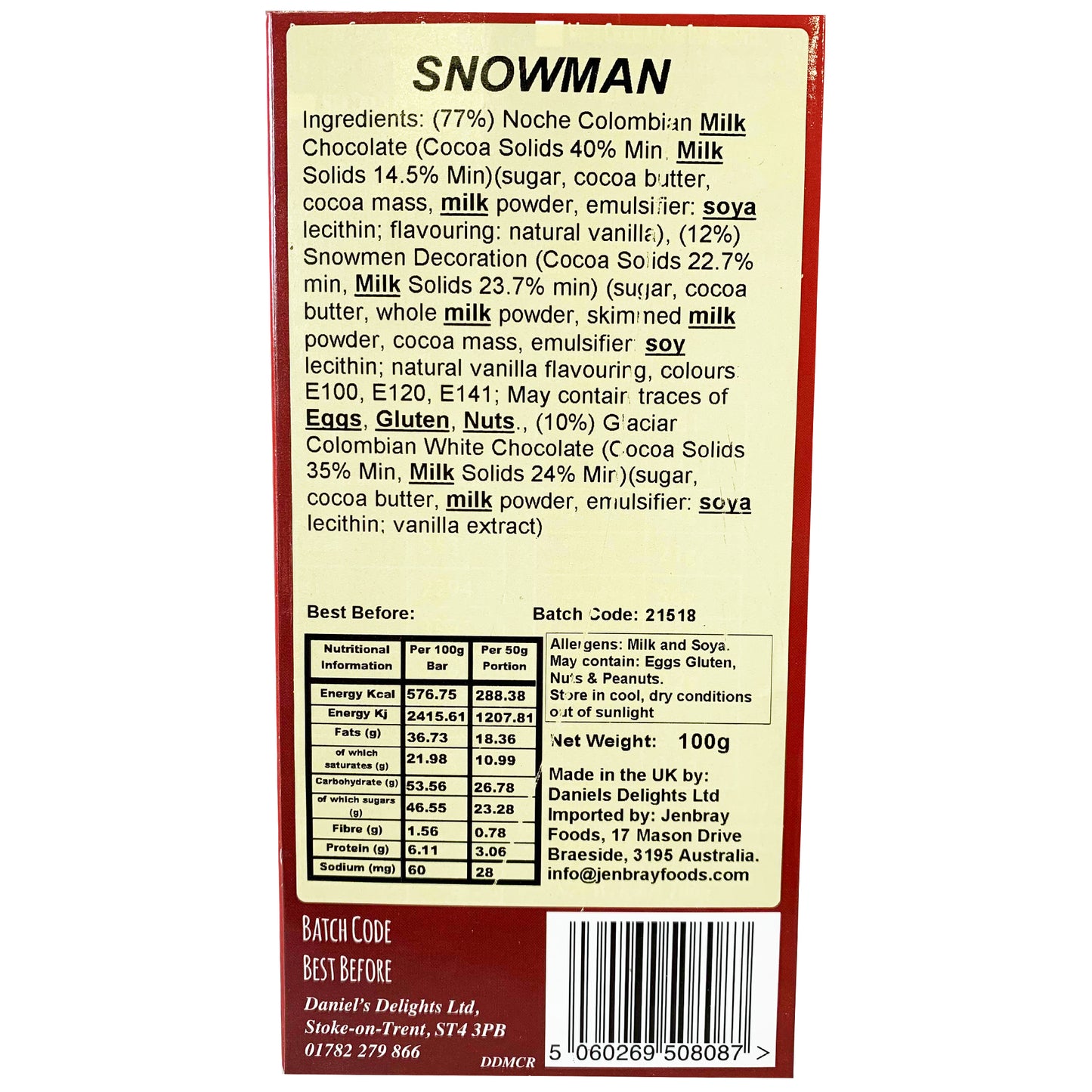 Daniels Delights - Chocolate - Snowman (100g)