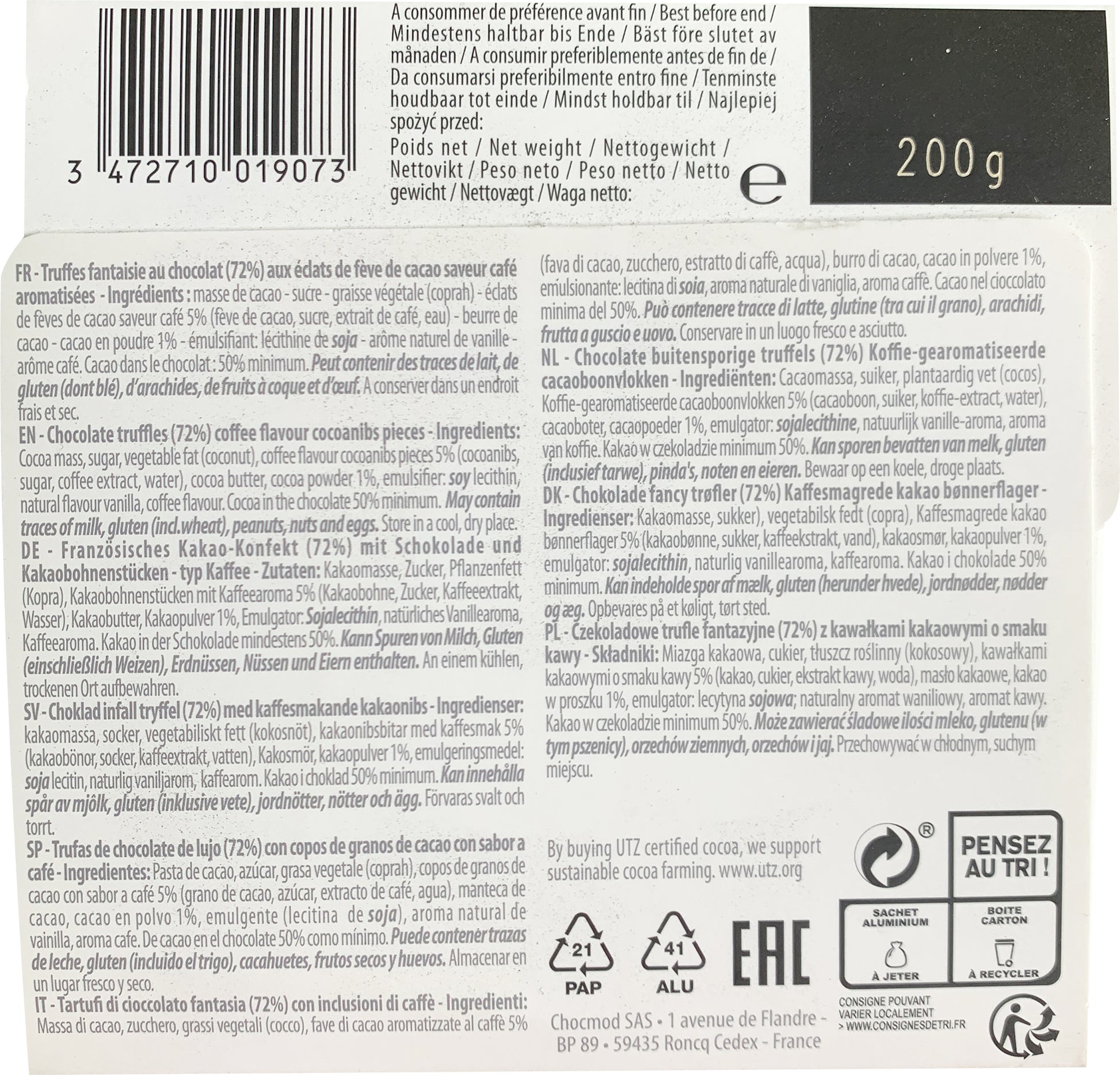 Chocmod French Truffles Dark Chocolate 70% with Coffee Flavoured Cocoa Nibs | Harris Farm Online