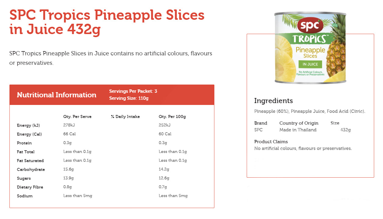 SPC Tropics Pineapple Slices In Juice 432g
