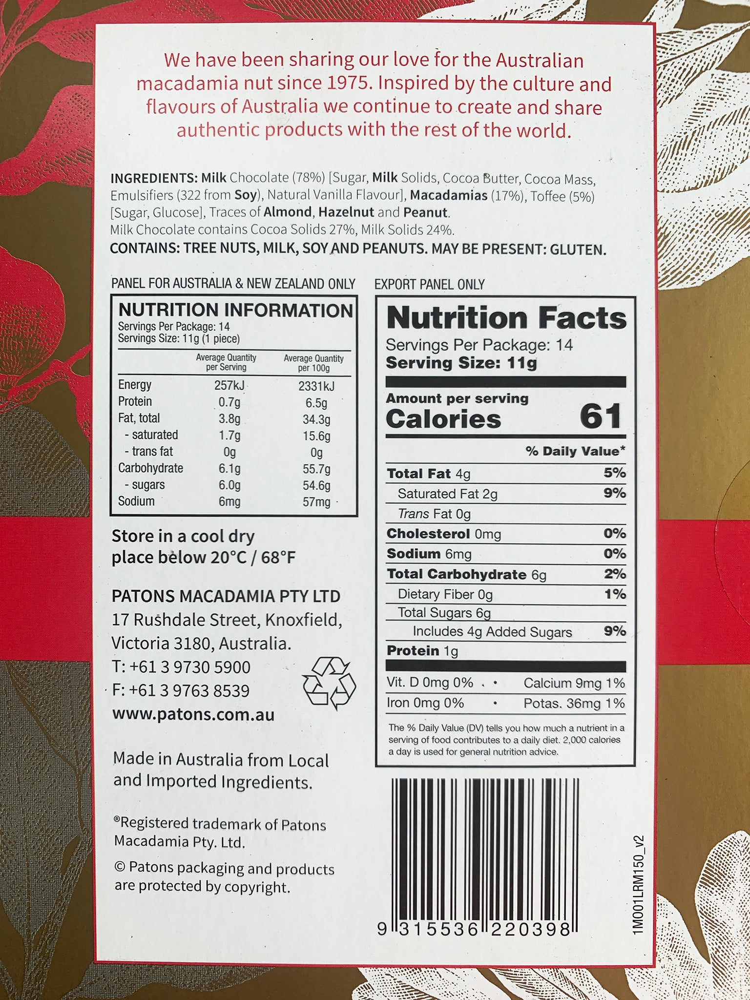 Patons Toffee Roasted Macadamia Milk Chocolate Royals Box | Harris Farm Online