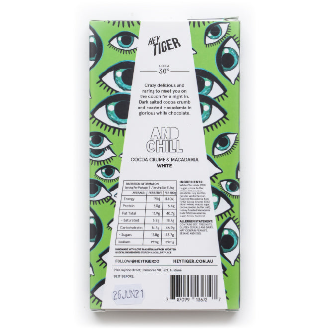 Hey Tiger And Chill Cocoa Crumb and Macadamia White Chocolate | Harris Farm Online