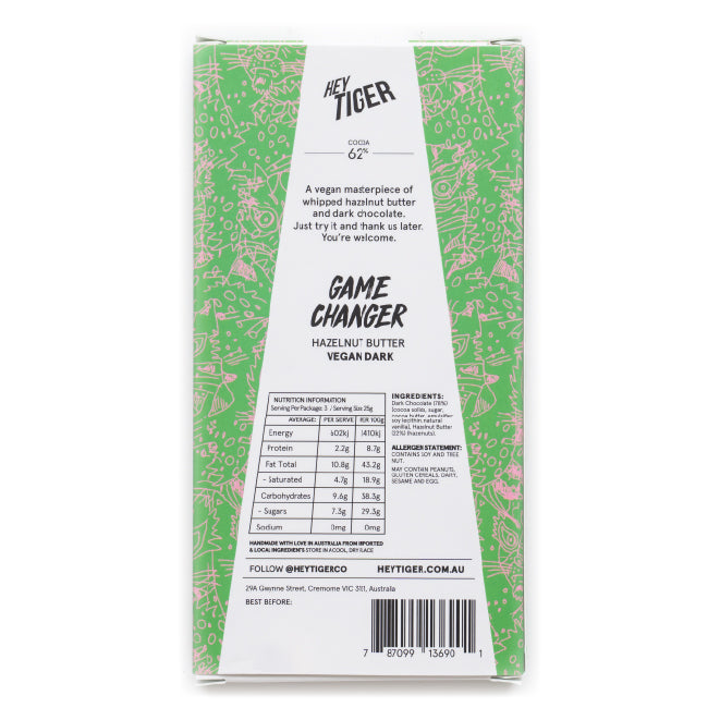 Hey Tiger Game Changer Hazelnut Butter Vegan Dark Chocolate | Harris Farm Online