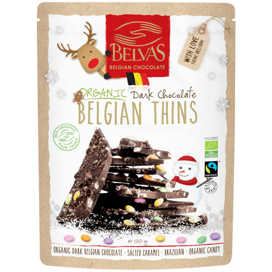 Belvas Belgian Thins Organic Dark Chocolate Hazelnuts, Salted Caramel, Candies and Puffed Rice | Harris Farm Online