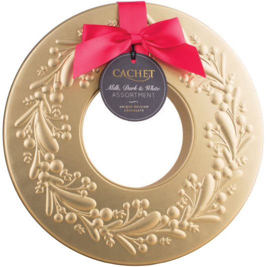Cachet Milk, Dark and White Chocolate Assortment in Gold Wreath Tin | Harris Farm Online
