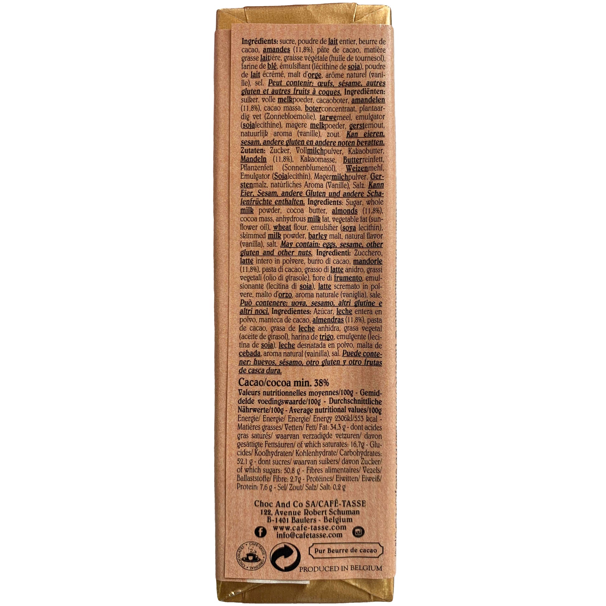 Cafe Tasse Milk Chocolate Bar with Almond Praline and Crispy Crepe | Harris Farm Online