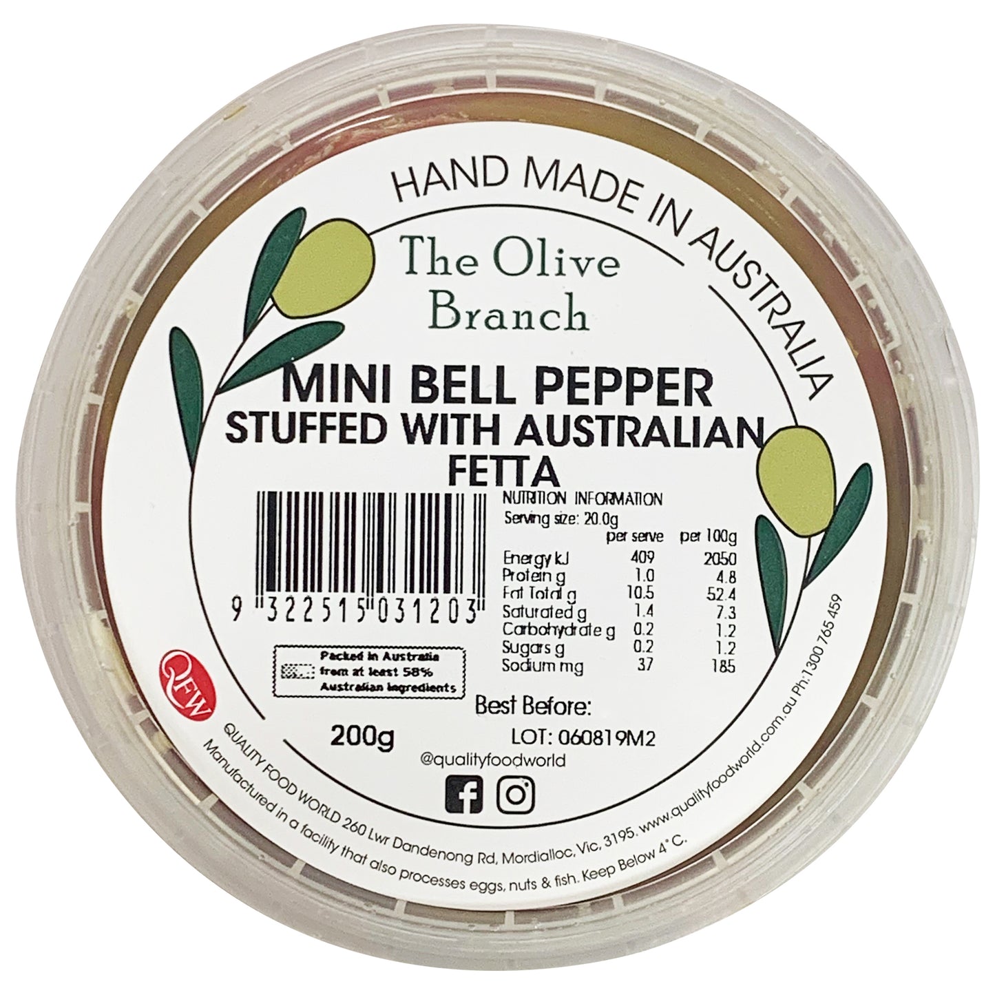 The Olive Branch - Mini Bell Pepper - Stuffed with Australian Fetta (200g)
