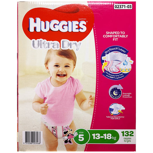 Huggies - Girls Nappies - Size 5 - Ultra Dry (13-18kg, 132 nappies)