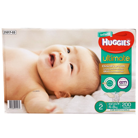 Huggies - Boys & Girls Nappies - Size 2 - Ultimate (Infant 4-8kg, 200 nappies)