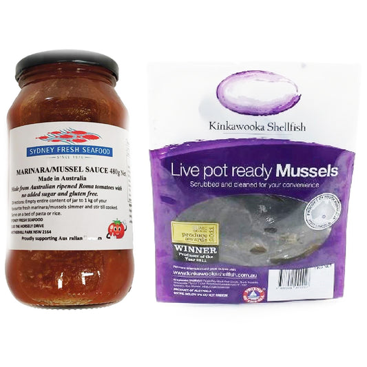Sydney Fresh Seafood Mussels Live Pot Ready and Marinara/Mussel Sauce each