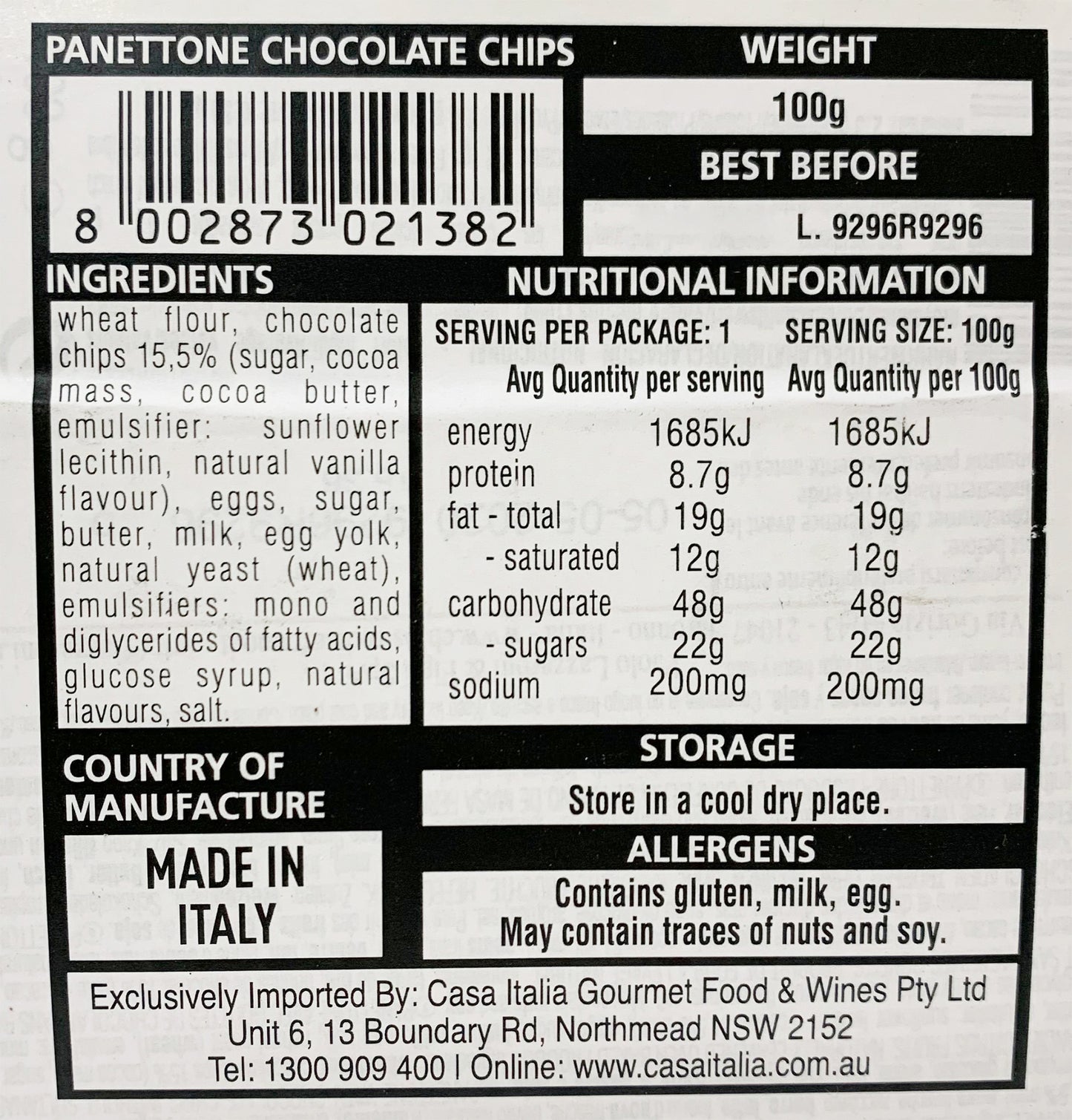 Chiostro - Bread Panettone - Chocolate Chip (100g)