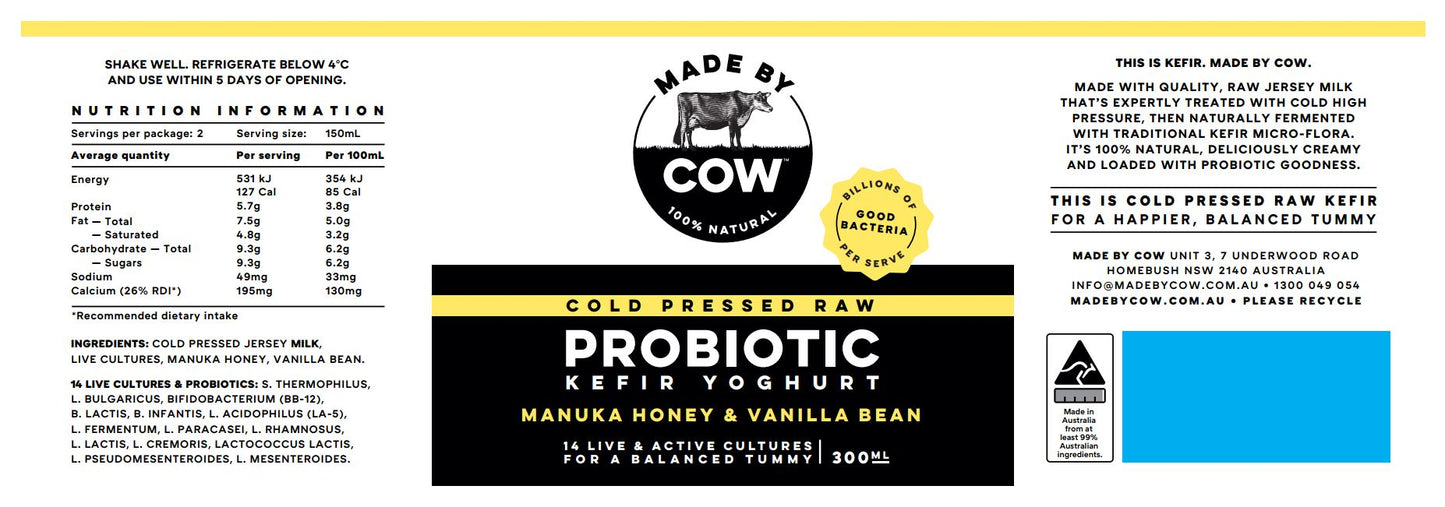 Made by Cow - Kefir Yoghurt Probiotic - Manuka Honey and Vanilla Bean (300mL)