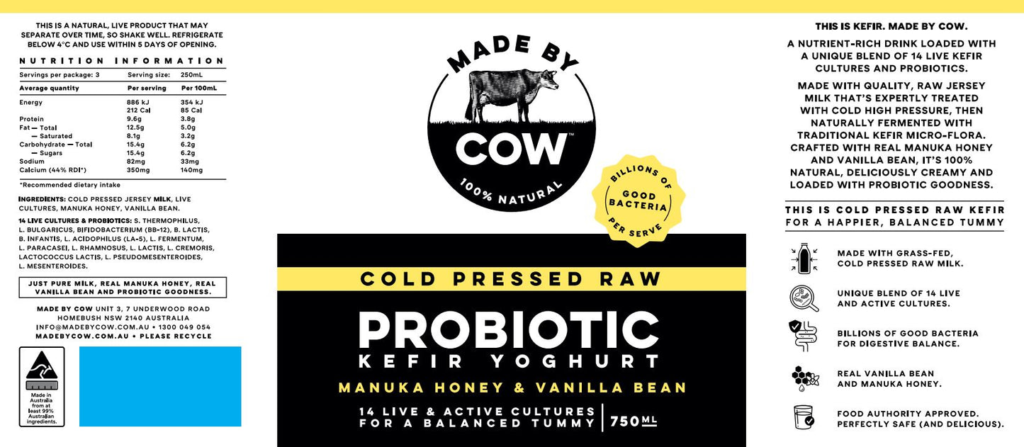 Made by Cow - Kefir Yoghurt Probiotic - Manuka Honey and Vanilla Bean (750mL)