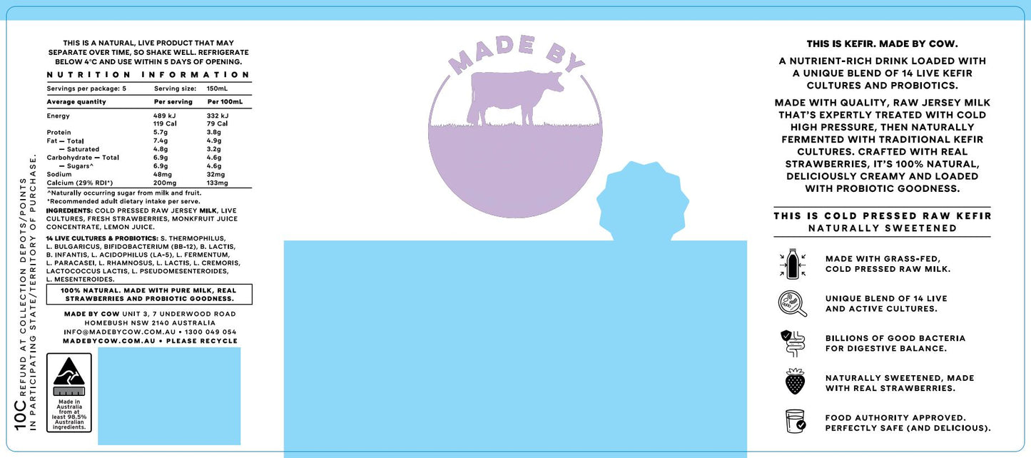 Made by Cow - Cold Pressed Raw Probiotic Yoghurt - Strawberry (750mL)