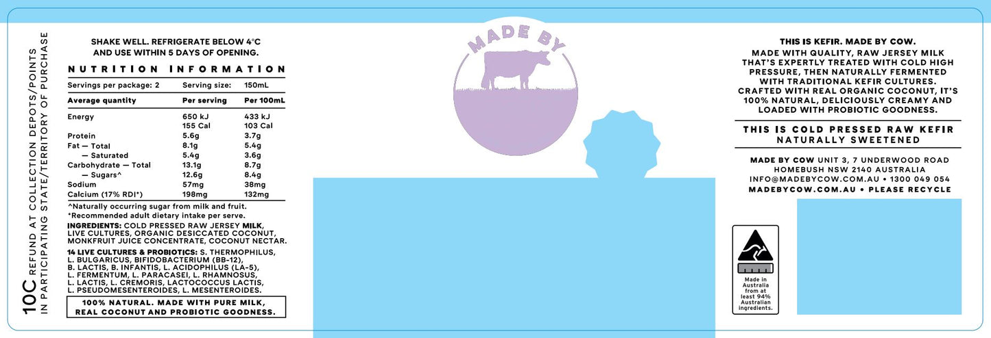 Made by Cow - Cold Pressed Raw Probiotic Yoghurt - Coconut (300mL)