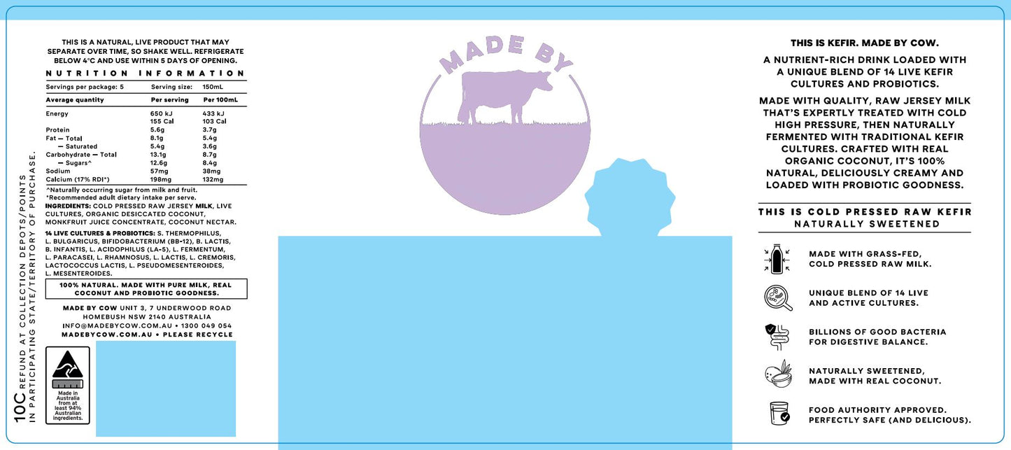Made by Cow - Cold Pressed Raw Probiotic Yoghurt - Coconut (750mL)