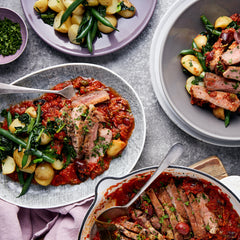 Puttanesca Pork Steaks - with Green Beans and Chat Potatoes