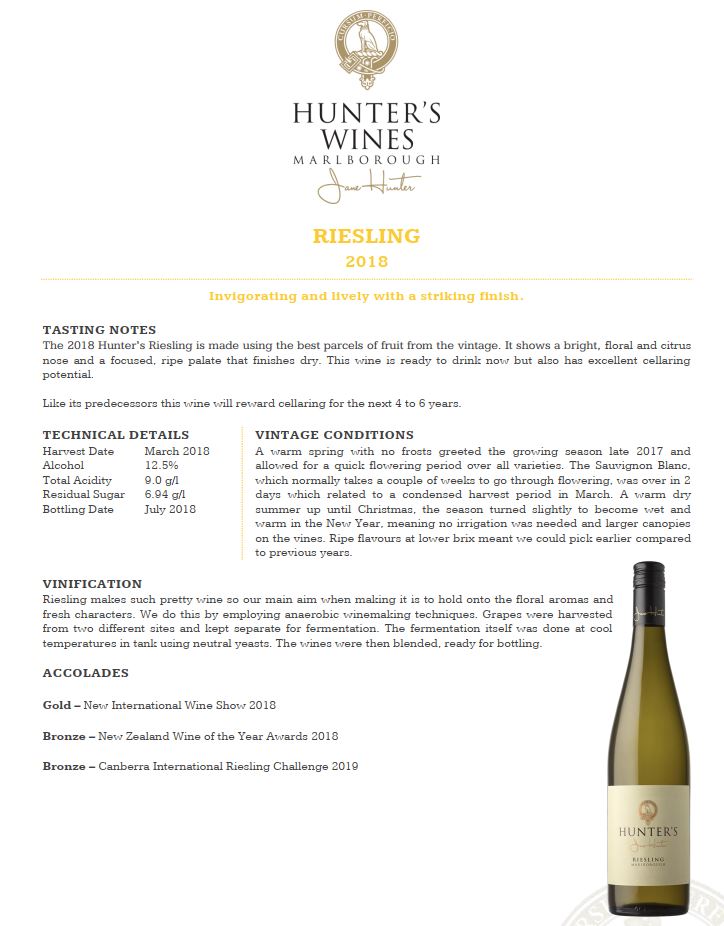 Hunter's Wines - Riesling - Marlborough, NZ  | Harris Farm Online