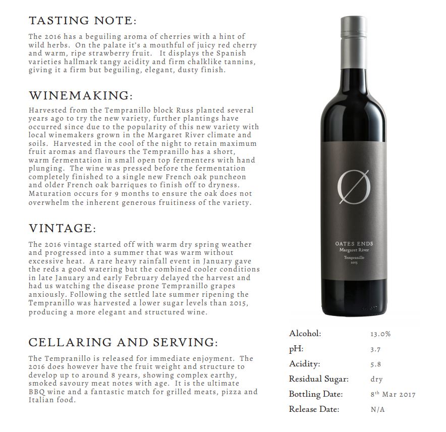 Oates Ends - Tempranillo 2016 - Margaret River, SA (750mL)