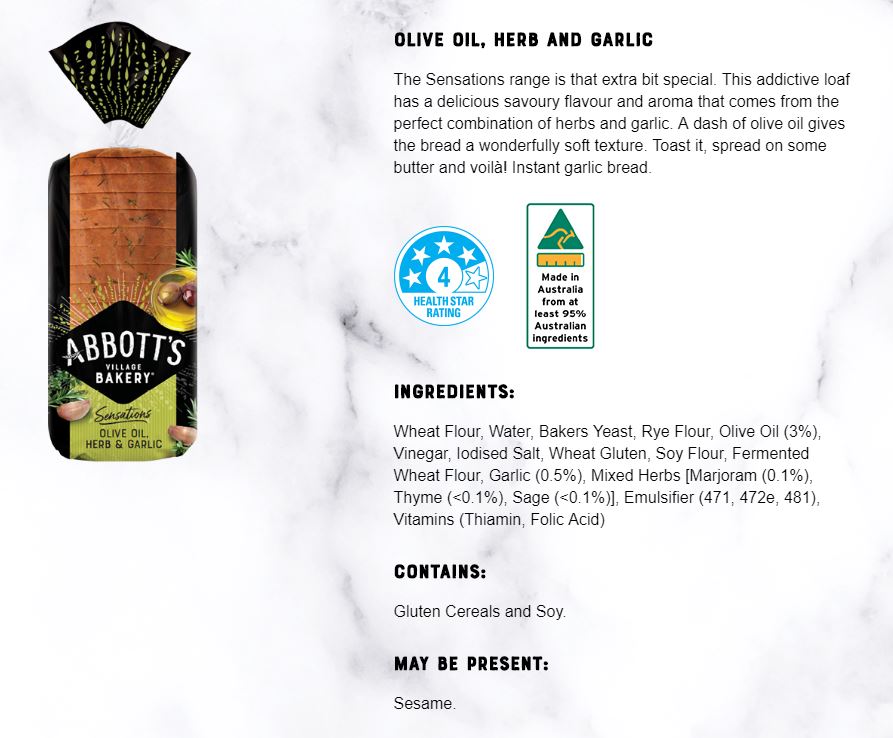 Abbotts Bakery - Bread Olive Oil, Herb and Garlic (750g)