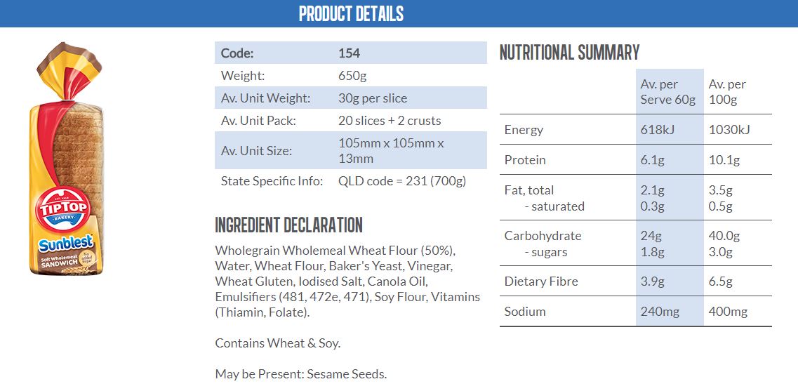 Tip Top Sunblest Soft Wholemeal Sandwich 650g