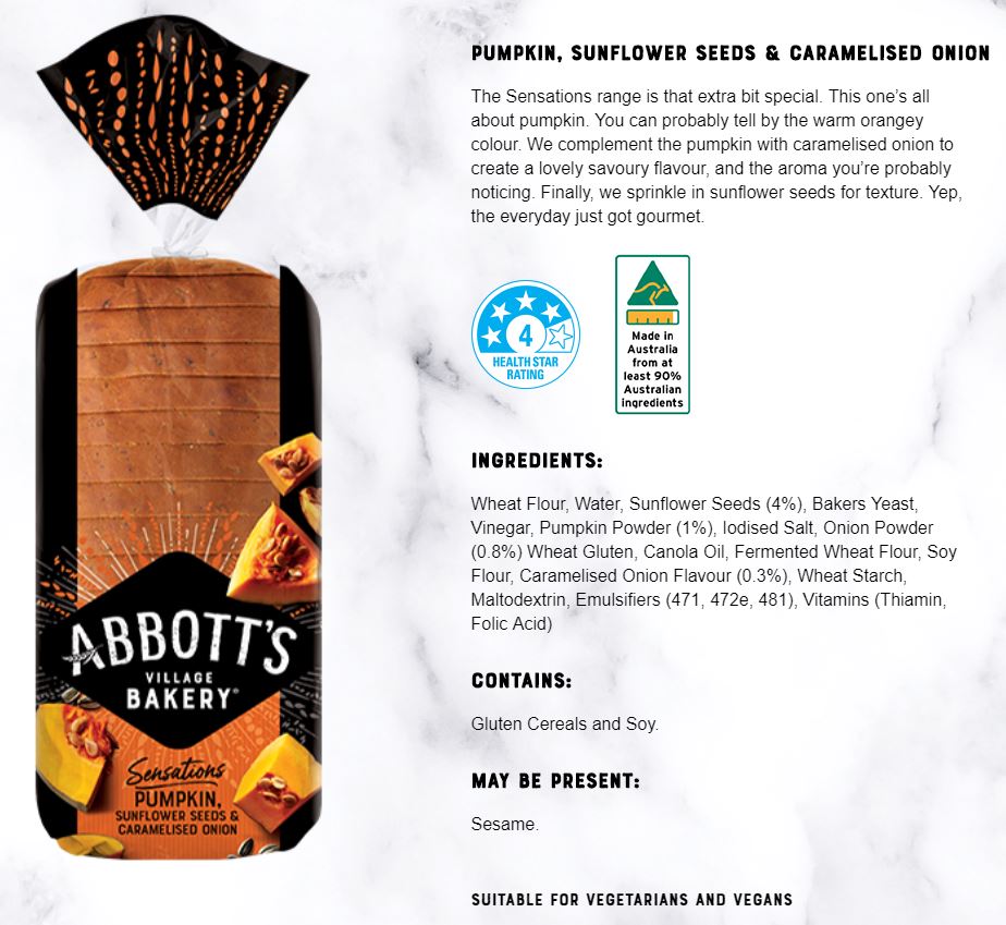Abbotts Bakery - Bread Pumpkin, Sunflower Seeds & Caramelised Onion (750g)