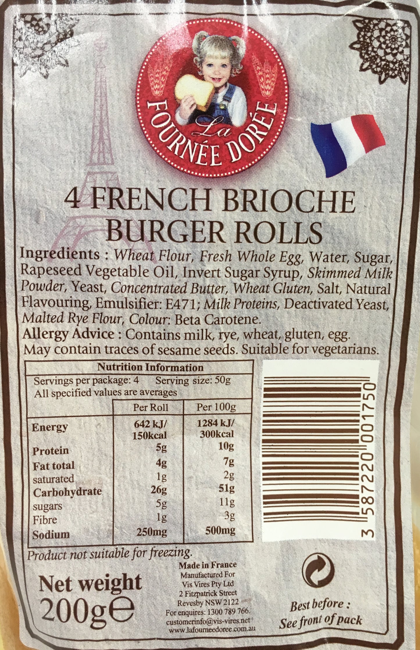La Fournee Doree - Bread 4 French Brioche - Burger Rolls (4 Rolls, 200g)