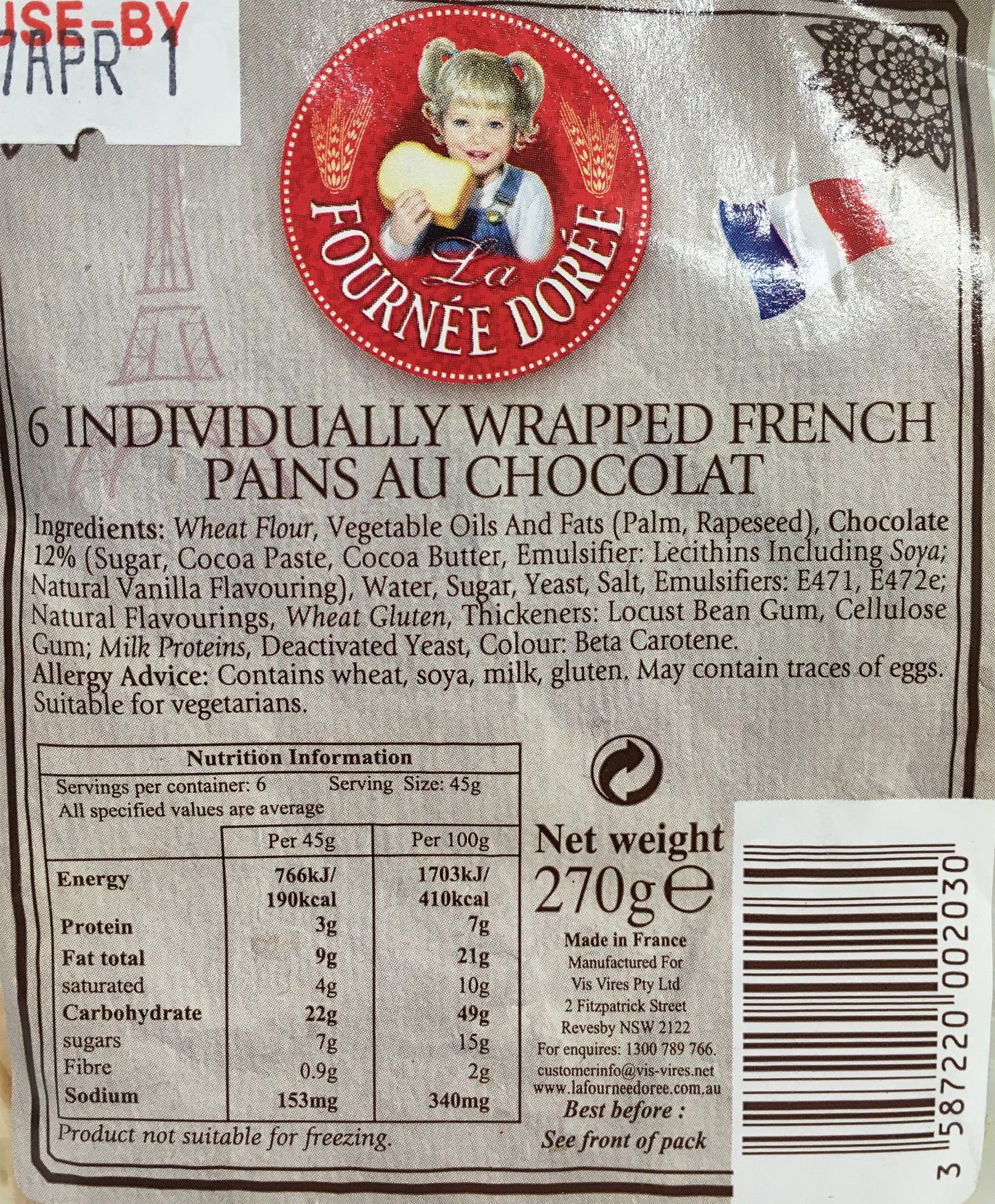 La Fournee Doree - Bread Pains Au Chocolate (6 Rolls, 270g)