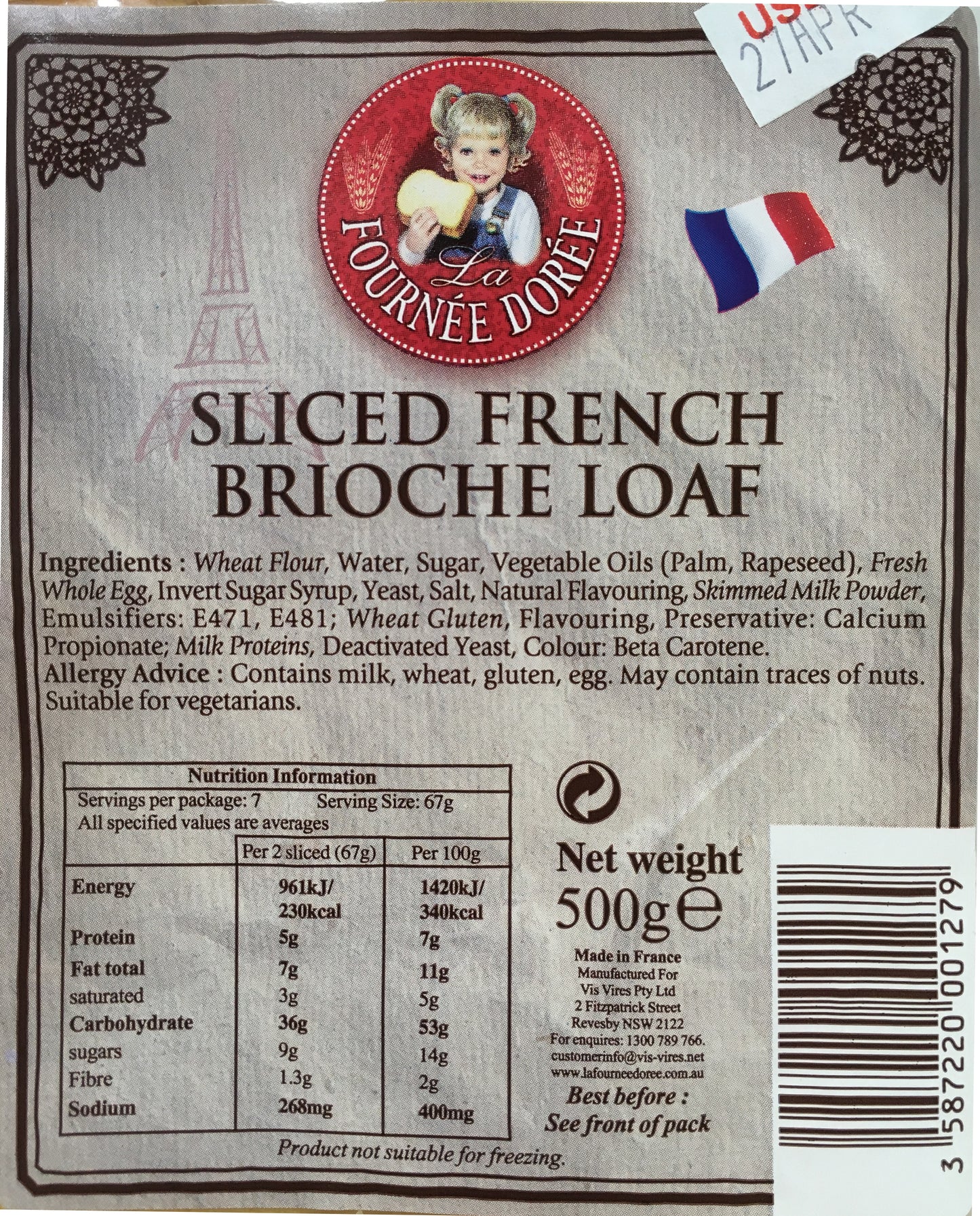 La Fournee Doree - Bread Sliced French Brioche - Loaf (500g)