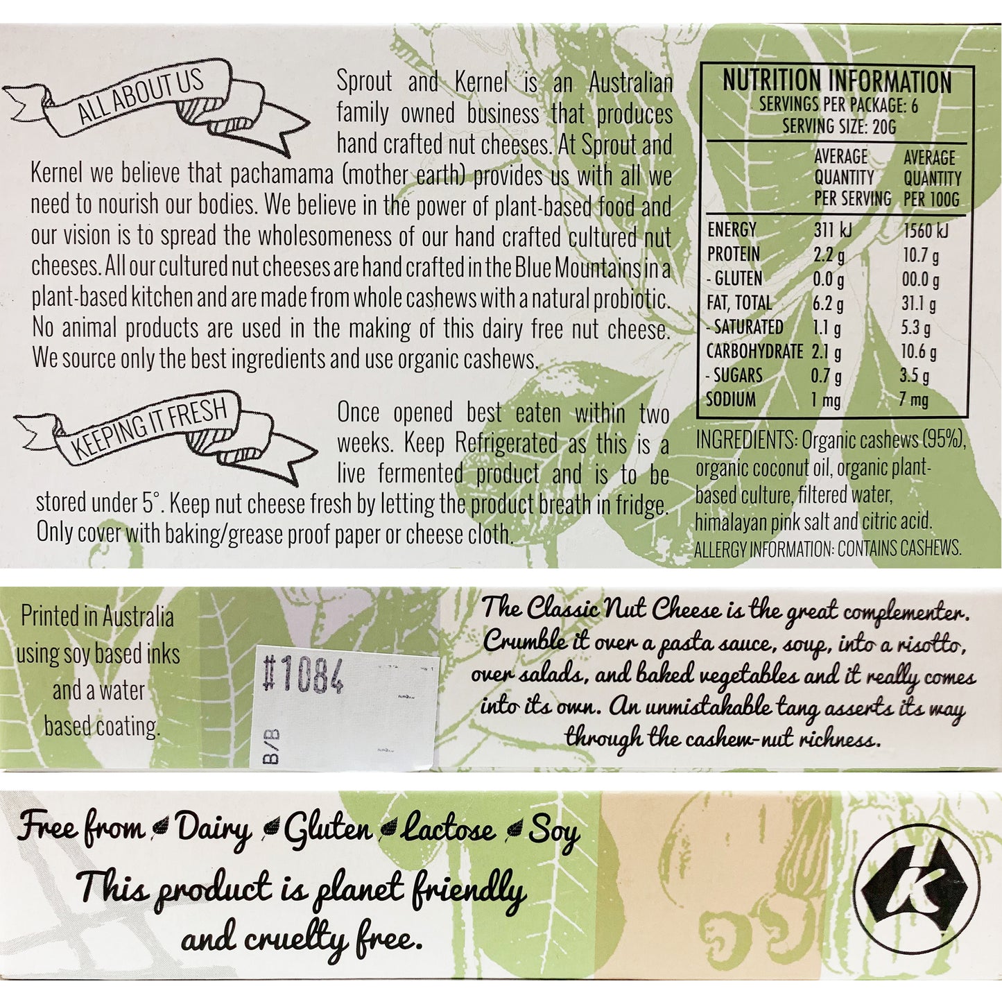 Sprout and Kernel Tree Nut Cheese Classic Cultured Cashew Cheese 120g
