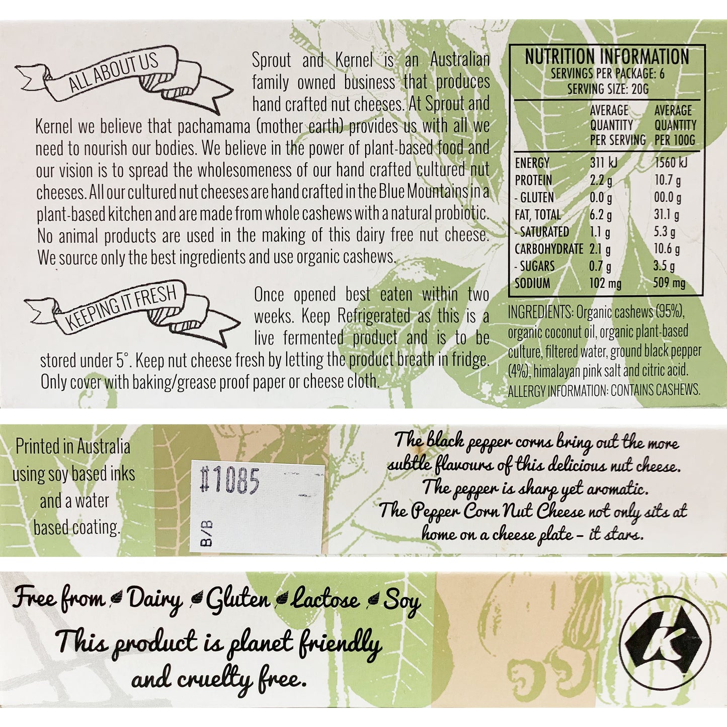 Sprout and Kernel Tree Nut Cheese Peppercorn Cultured Cashew Cheese 120g